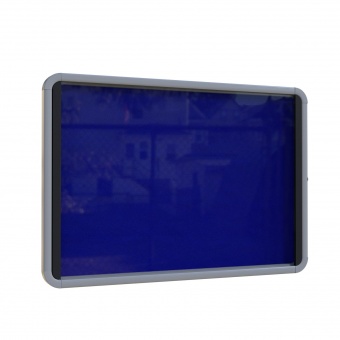Info-Wandvitrine,  69 cm hoch, 97x5,4 cm (B/T), Rückwand blauer Stoff, 
